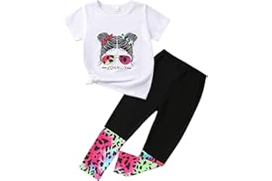 CAKANER Kid Toddler Girl Clothes Figure Graphic Short-sleeve Top + Leopard Print Pants 2 Piece Summer Outfits Set
