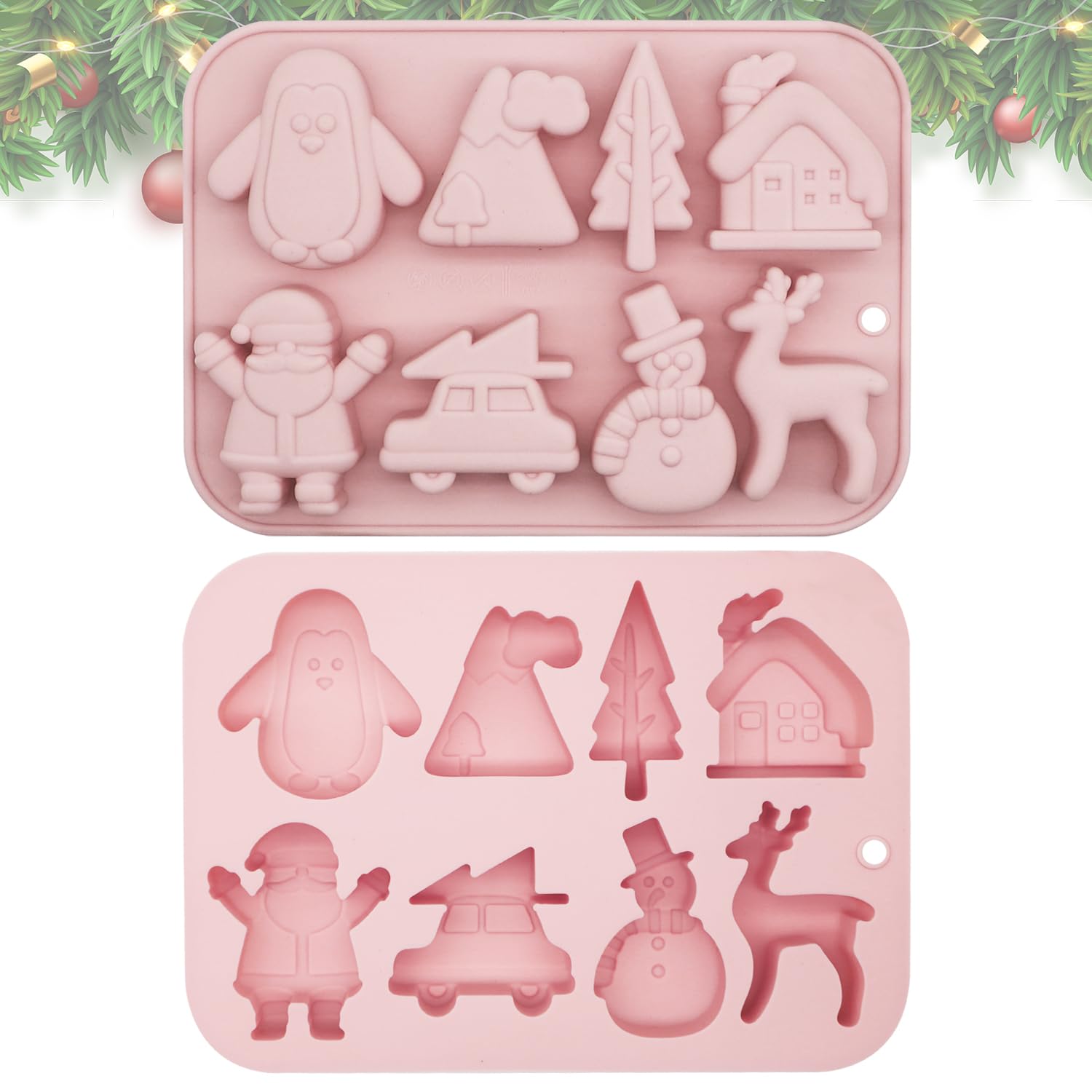 Christmas Silicone Mold, 8 Cavities Christmas Tree Snowman Shapes Cake Mould Chocolate Candy Pan Soap Moulds for Christmas Xmas New Year Cake Decoration A48LDJMJ (Pink)