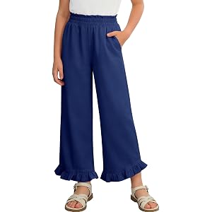 Kissonic Girls Wide Leg Pants Ruffle Hem School Pants for Kids 5-14 Years | Elastic High Waist, Paperbag, 2 Side Pockets, Sum