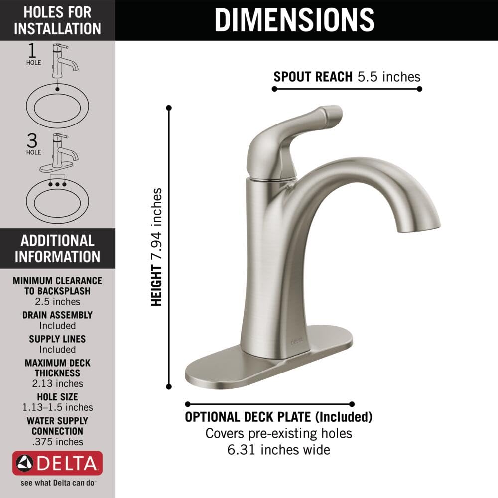 Delta Arvo Brushed Nickel Bathroom Faucet 1 Hole, Single Hole Bathroom Sink Faucet for Vanity, Push-Pop Drain Assembly, Spotshield Stainless 15840LF-SP