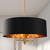 Fminlla Black Drum Chandelier Gold Drum Shade Chandelier 4-Light Modern Linen 17.75“Chandeliers Light Fixture for Dining Room