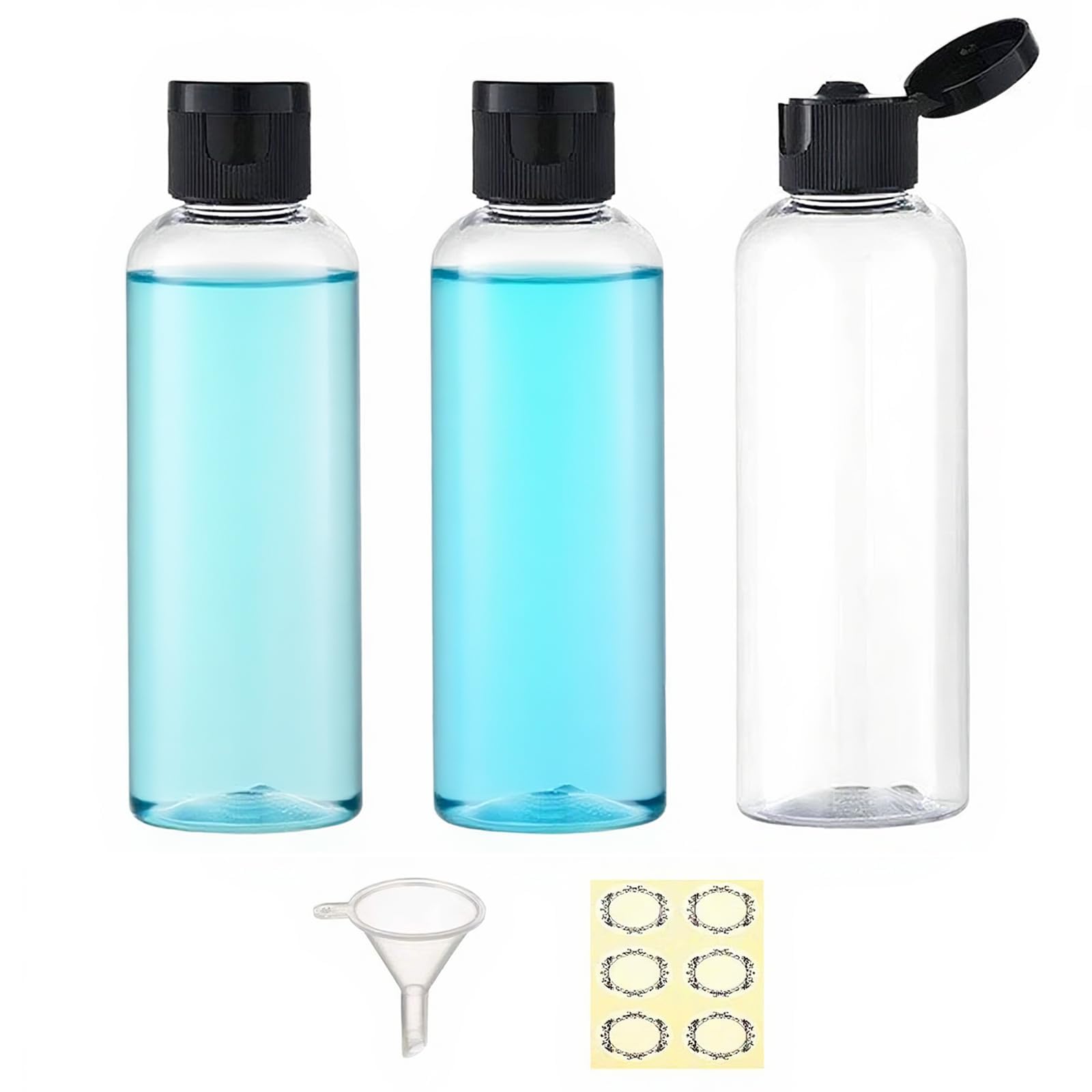 Apstaqeoo 3PCS 200ML Plastic Travel Bottles with Flip Cap Empty Squeeze Bottles Transparent Refillable Travel Container with Funnel & Label for Liquids Lotion Shampoo Toiletries Makeup Cosmetic