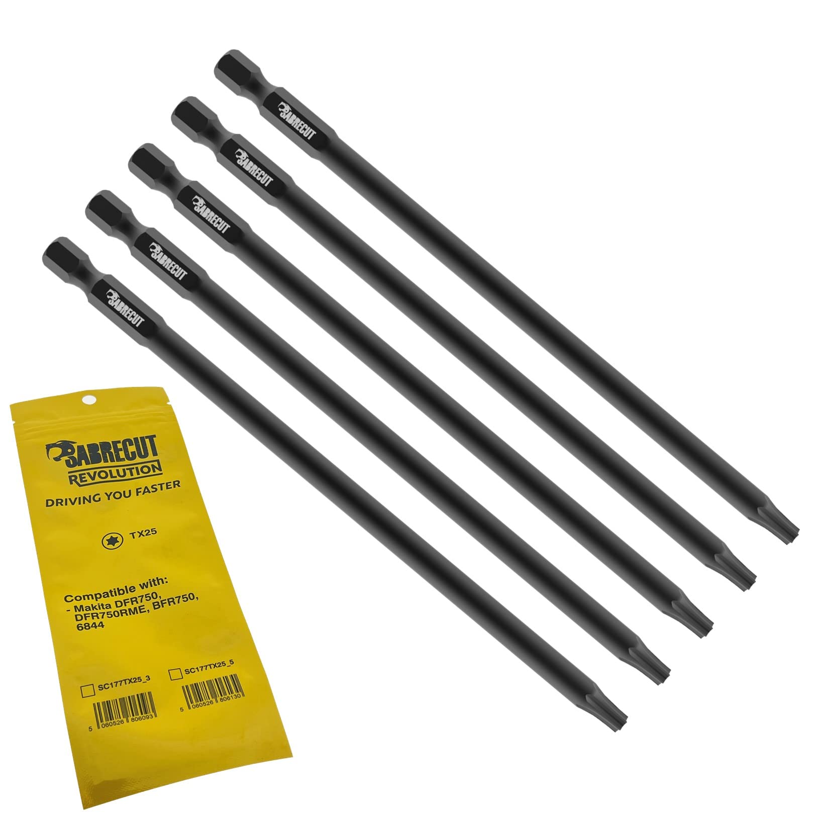 5 x SabreCut SC177TX25_5 177mm TX25 Compatible with Makita DFR750 DFR750RME BFR750 6844 Autofeed Collated Drywall Screwdriver Gun Bit Single Ended Torx No.25 Heavy Duty