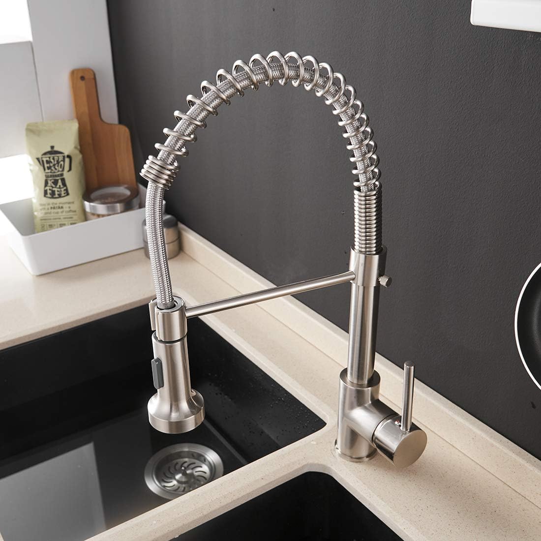 OWOFAN Kitchen Faucets Low Lead Commercial Solid Brass Single Handle Single Lever Pull Down Sprayer Spring Kitchen Sink Faucet, Brushed Nickel - - 