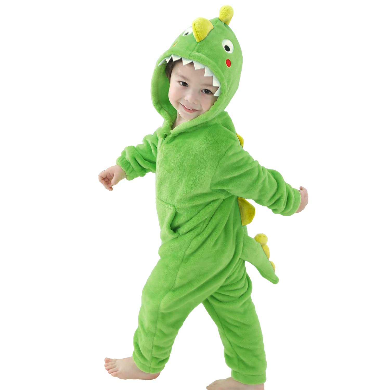 LOLANTA Unisex Kids Dinosaur Costume, One-Piece Hooded Flannel Jumpsuit Halloween Fancy Dress, Dark Green, 4-6 Years, Tag M โ image 1