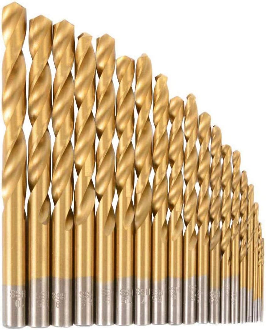 Hymnorq 1.0 to 10mm Metric Jobber Twist Drill Bits Set of 19pcs Titanium Coated HSS 4241, Straight Shank for General Purpose in Wood Plastic and Soft Metal Sheet