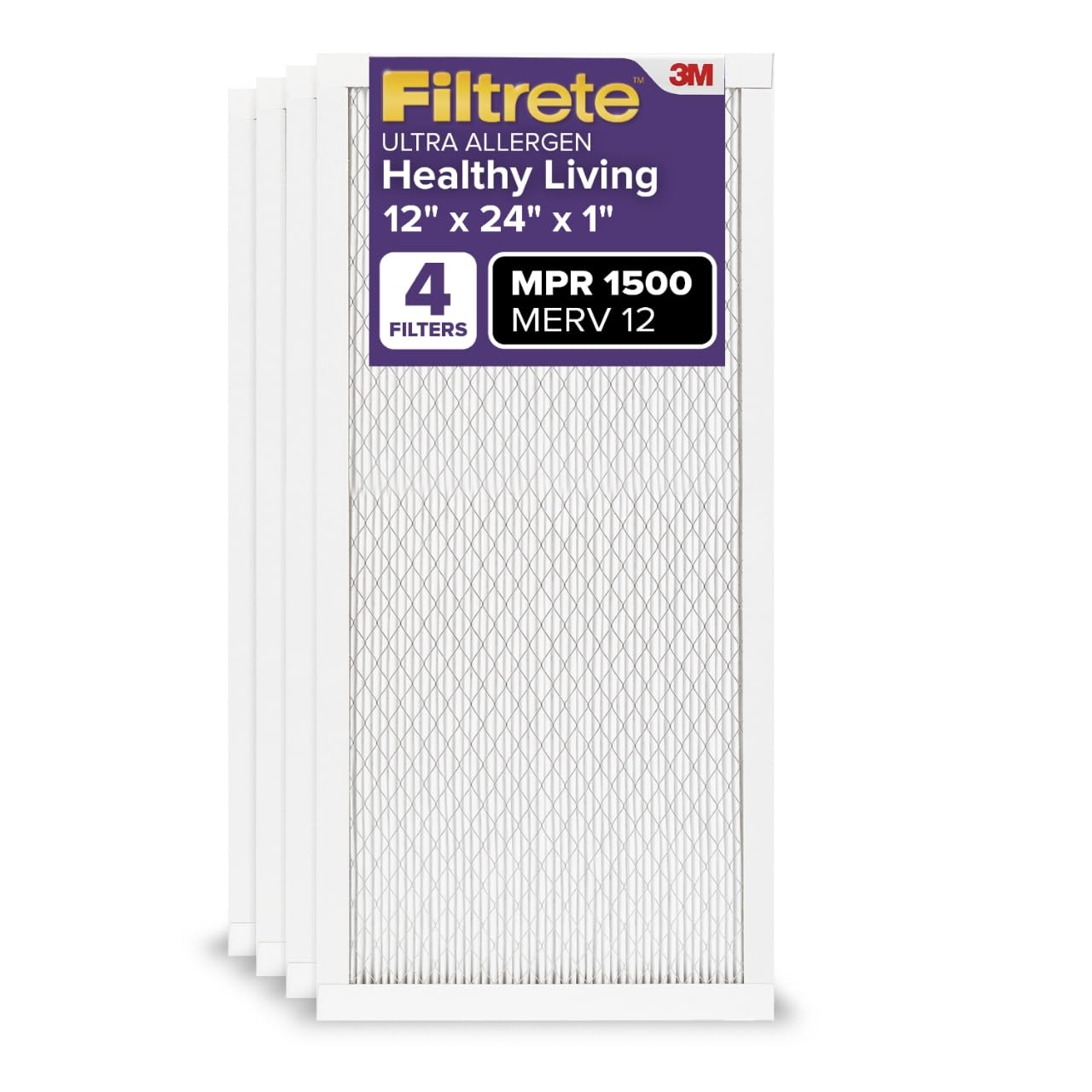 Filtrete 12x24x1 AC Furnace Air Filter, MERV 12, MPR 1500, CERTIFIED asthma & allergy friendly, 3 Month Pleated 1-Inch Electrostatic Air Cleaning Filter, 4-Pack (Actual Size 11.69 x 23.69 x 0.78 in)