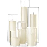 Shihanee Set of 6 Pillar Candles and Glass Cylinder Vases Assorted Sizes Clear Cylinder Holders for Pillar Candles Home Table Centerpieces Wedding Party Decorations (Multiple Sizes,Ivory)