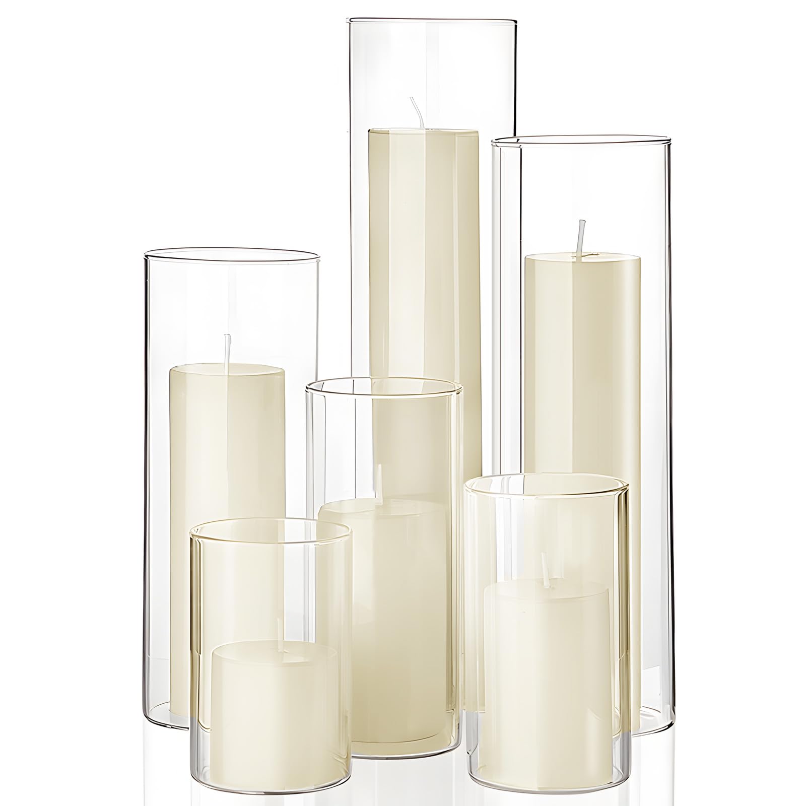 Photo 1 of Shihanee Set of 6 Pillar Candles and Glass Cylinder Vases 6 Sizes Clear Tall Cylinder Holders for Pillar Candles Home Table Centerpieces Decoration (Multiple Sizes,Ivory)