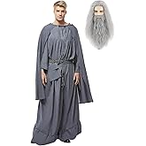 iunoket Adult Wizard Robe Cosplay Costume Tied Cloak Belt Bag with Beard Wig Accessory Full Outfit Halloween Uniform