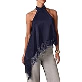 Women Satin Halter Top Y2K Mock Neck Lace Trim Asymmetrical Hem Tank Top Sleeveless Going Out Crop Tops