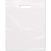 Purple Q Crafts Plastic Bag With Die Cut Handle Bag 12" x 15" White Plastic Merchandise Bags 100 Pack for Retail, Gifts, Trade Show and More