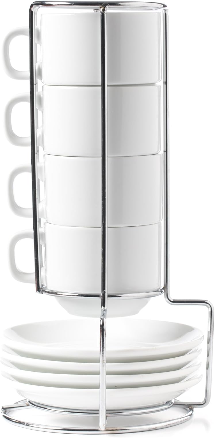 HUJI Stack-able Porcelain 4 Ounces Espresso Turkish Coffee Cups and Saucer with Chrome Rack (1)