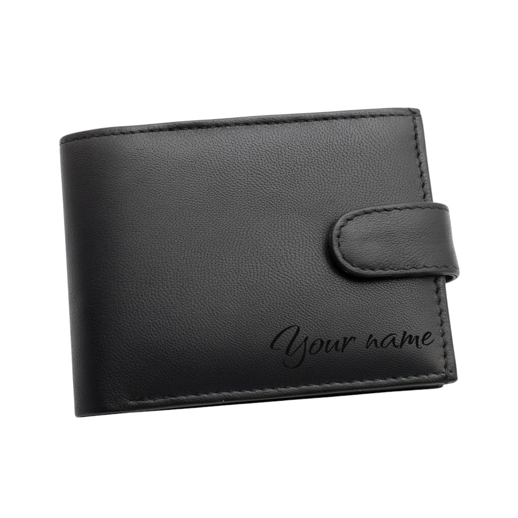 RAS WALLETS Personalised Mens RFID Blocking Leather Wallet – Custom Engraved Name Initials – Bifold Notecase Wallet with Zip Coin Pocket – Genuine Black Nappa Leather Gift for Him