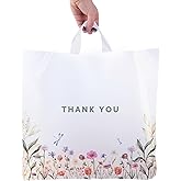 Purple Q Crafts Thank You Bags for Business and Stores 50 Pack 18" W x 18" H Floral Plastic Shopping Bags With Soft Loop Handle