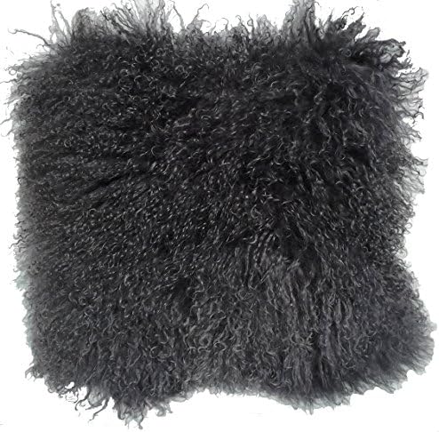 Luxurious 100% Tibetan Mongolian Lamb Fur Pillow, Long Curly Wool Sheepskin Cushion With Soft Micro-Suede Back With Zipper, Includes Cushion and Inner 15 x 15, Multiple Colors. (Steel Grey)