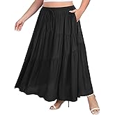 Moon Wood Plus Size Boho Maxi Skirts for Women Long Flowy High Waisted Tiered A-Line Skirt with Pockets Beach Summer Causal