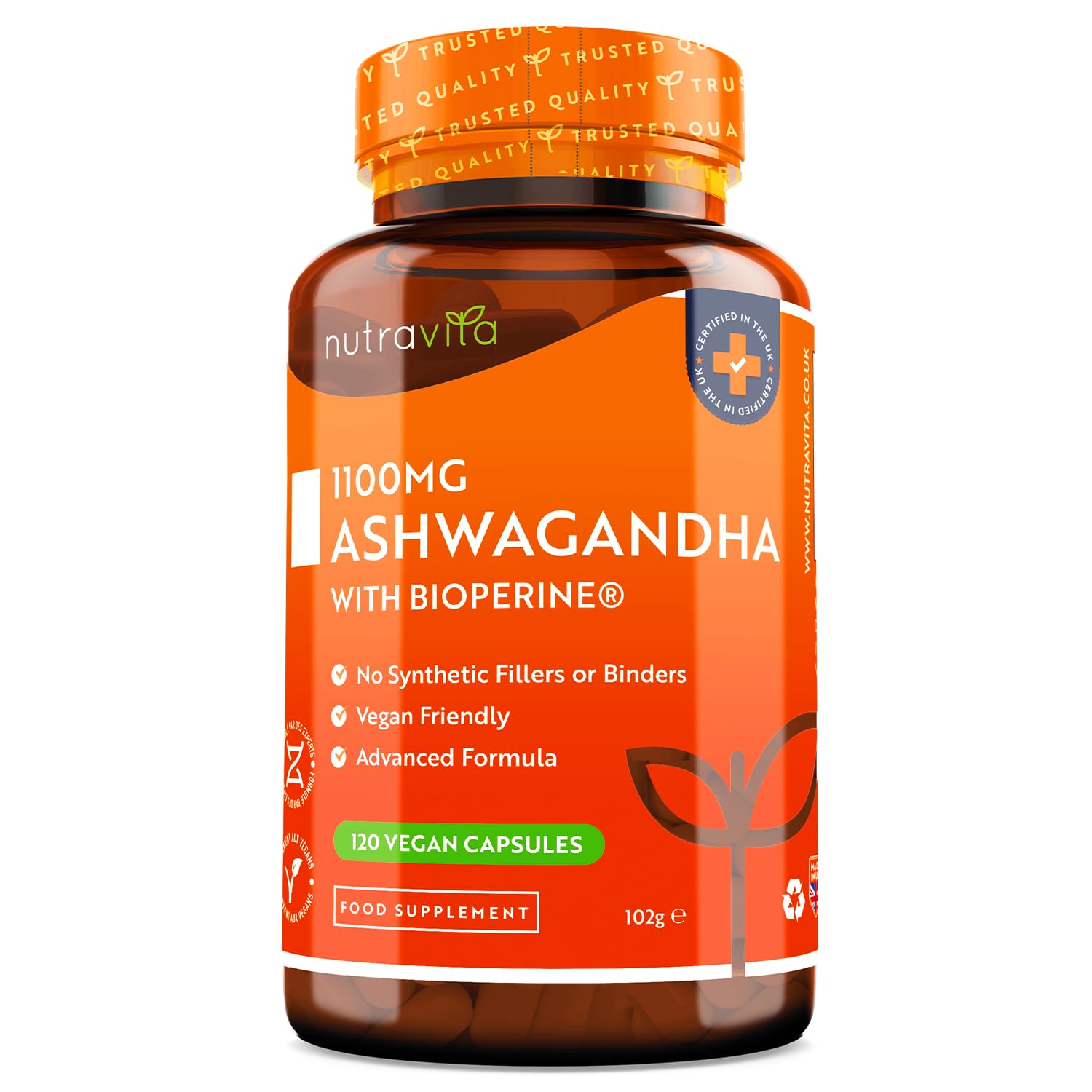 Ashwagandha 1100mg - 120 Vegan Capsules with Added Bioperine® - High Strength Natural Ashwagandha Root Powder - Vegan Friendly Ashwaganda Supplement - Made in The UK by Nutravita