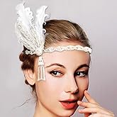 CASDRE Feather Headband White Pearl 1920s Headpieces Crystal 20s Hair Accessories for Women and Girls