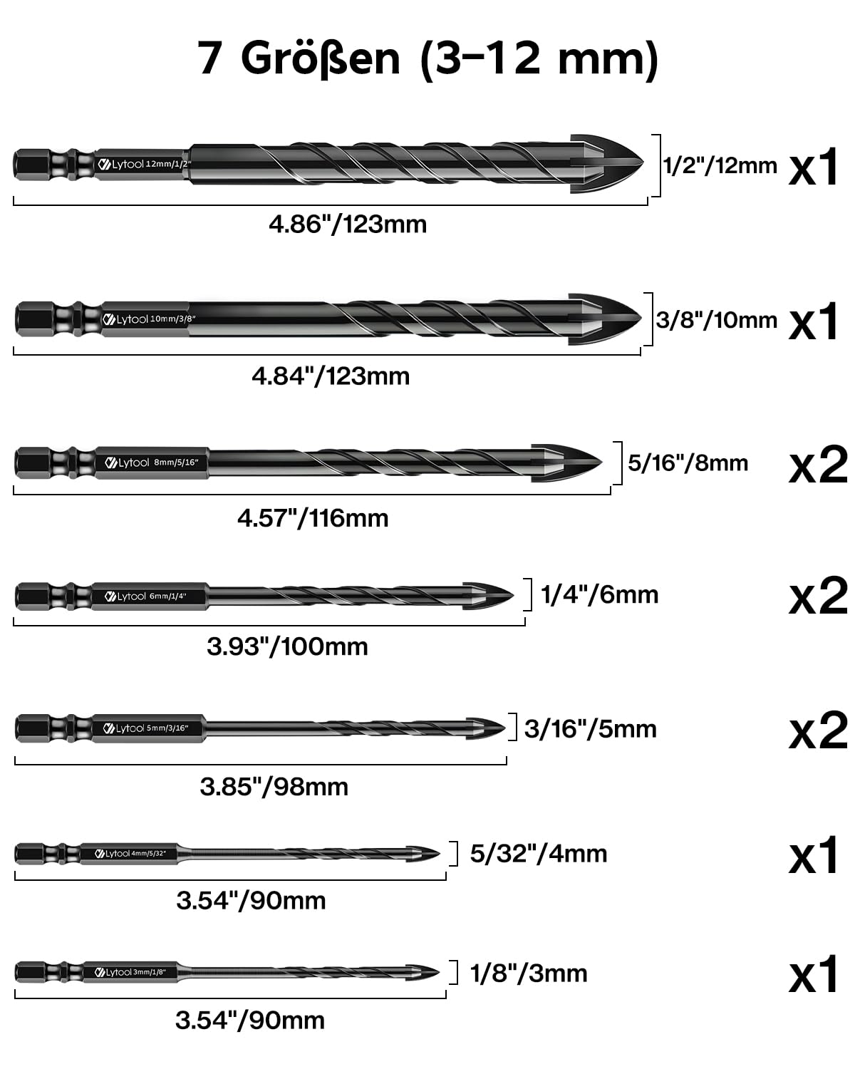 Fliesenbohrer, Lytool 10 tlg.Glasbohrer Steinbohrer Bohrer Set mit Sechskantschaft Universalbohrer für Metall Ziegel Glas Kunststoff Holz, Ø 3-12 mm 2