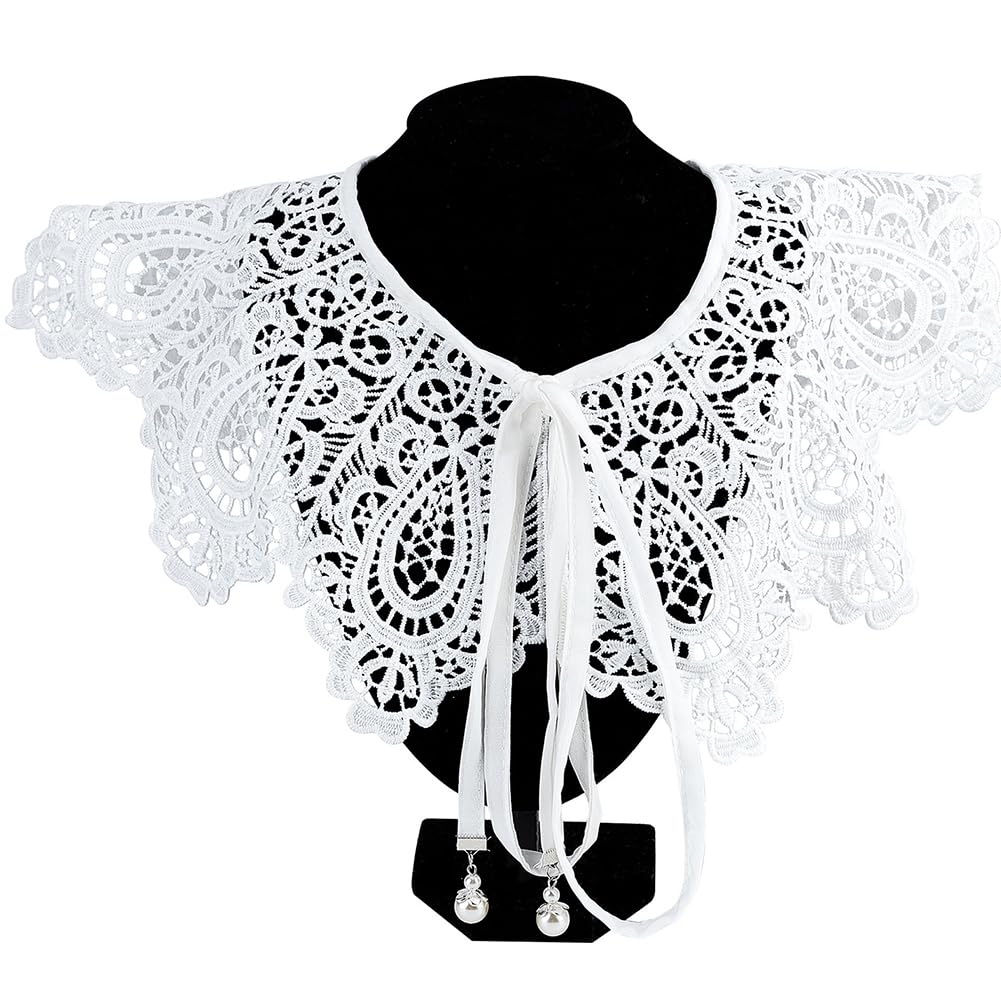 GORGECRAFT Flower Lace False Collar Hollow Out Design White Detachable Fake Collar Drawstring with Imitation Pearl Mini Floral Lace Cape Neckline for Women Dress Blouse Shirt Sewing Applique Edge