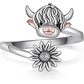 qielizhu Highland Cow Gifts 925 Sterling Silver Sunflower Highland Cow Ring Animal Jewelry Gifts for Women
