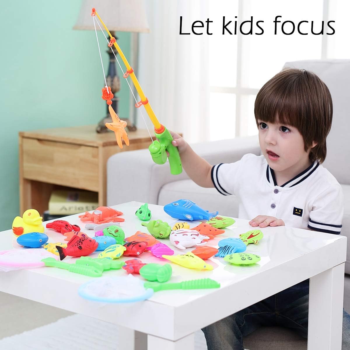 CozyBomB Magnetic Fishing Pool Toys Game for Kids - Water Table Bath-tub Kiddie Party Toy with Pole Rod Net Plastic Floating Fish Toddler Color Ocean Sea Animals Age 3 4 5 6 Year Old: Toys & Games