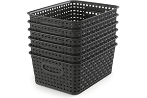 WYT Woven Storage Organizer Basket, 6-Pack Black Plastic Weave Baskets, 10.1 x 7.55 x 4.1