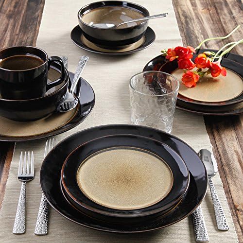 Taupe &amp; Black Unique Collection Metallic Glaze Stoneware 16 Piece Dinnerware Set