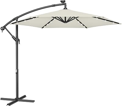 SONGMICS Cantilever 3m Garden Parasol with Base Beige LED Lights UPF 50+