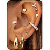 Hypoallergenic Flat Back Earrings Stacks for Women - Surgical Steel Studs Small Hoop Flatback Stud Cartilage Earring Sets for Multiple Piercing Jewelry 14K Gold/Silver Plated 9Pairs