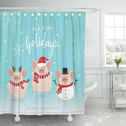 Home Decor Bath Curtain Series Winter Holidays Pigs Polyester