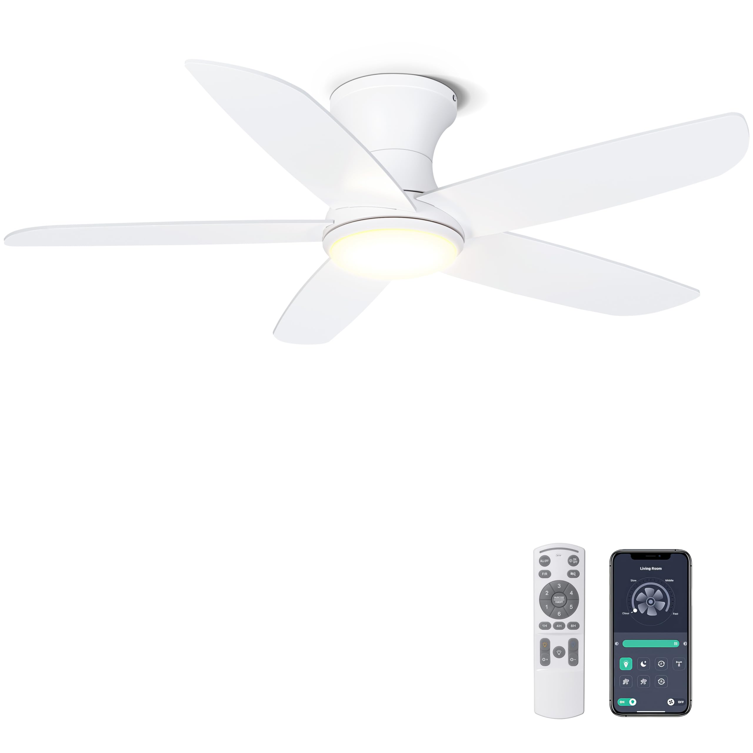 Photo 1 of Ohniyou 46'' Ceiling Fan with Lights, Low Profile Ceiling Fans Remote/APP Control - Dimmable, Silent DC Motor, Indoor Ceiling Fan for Bedroom Kitchen, White