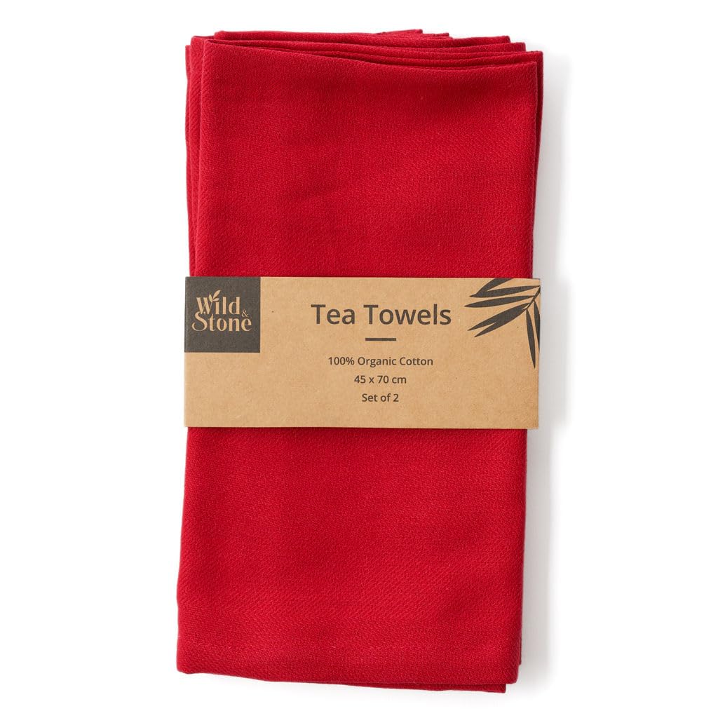 Wild & Stone | Organic Cotton Tea Towel | Herringbone Weave | Cotton Kitchen Towels | Set Of 2 (Berry)