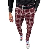 Men's Fashion Stretch Dress Pants Slim Fit Plaid Pants Business Suit Pants Casual Golf Pants