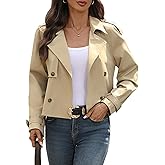 AMZANGEL Women's Cropped Trench Coat Lapel Long Sleeve Button Down Crop Jacket Double Breasted Oversized Jacket
