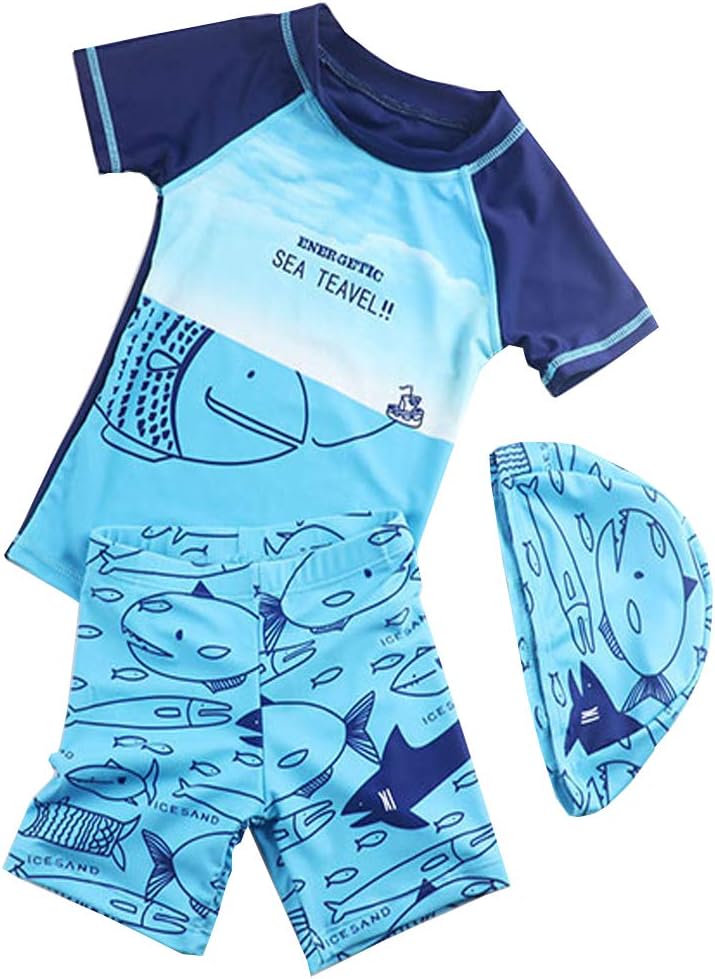 Baby Boys Two Piece Swimsuit Kids Short Sleeve Bathing Suit Rash Guards Swimwear Set with Hat UPF 50+