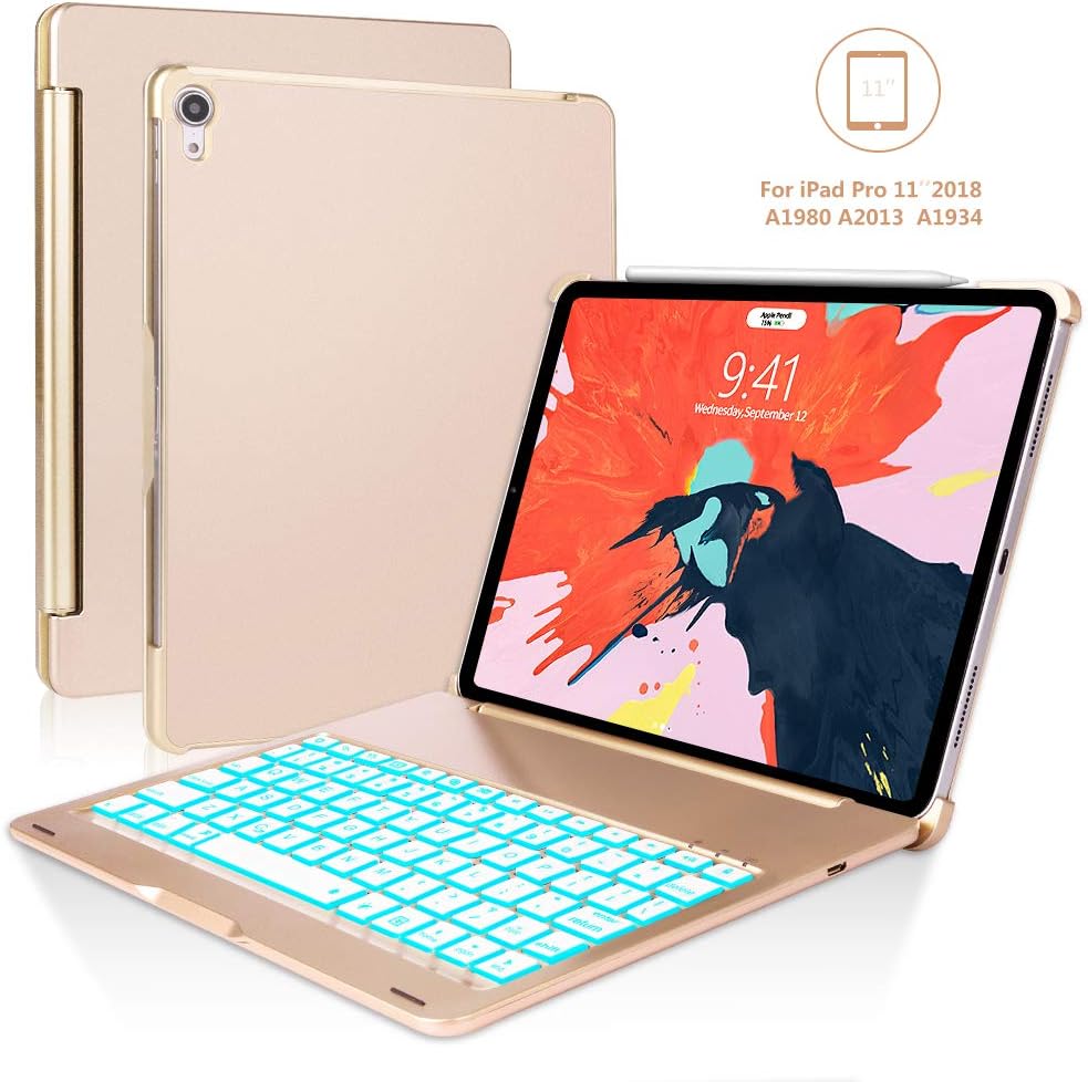iPad Pro 11 Case with Keyboard- Boriyuan Protective Ultra Slim Hard Shell Folio Stand Smart Cover with 7 Colors Backlit Wireless Bluetooth Keyboard for iPad Pro 11 inch 2018 Tablet (Gold)