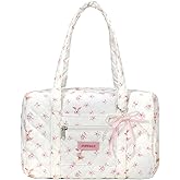 Coquette Purse with Bow Pearl Charm Floral Quilted Duffle Bag for Women Girls Cute Puffer Sleepover Bag Kawaii Tote Bag for Travel, Diaper, School