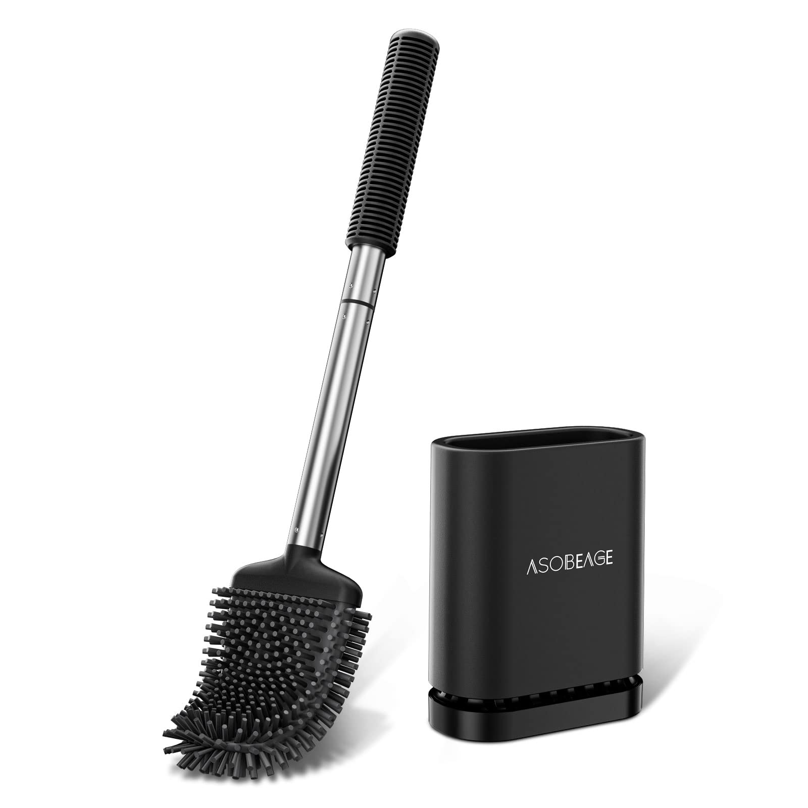 ASOBEAGE Silicone Toilet Brush: Flexible Head, Stainless Steel Handle, Wall-mounted, Quick-drying Holder for Bathroom Clean (Black) — image 1