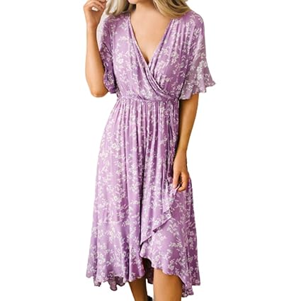 IZZB Mode Damen Sommer Partykleid Lässige Kurzarm-Böhmen-Print mit V-Ausschnitt im nationalen Stil Freizeitkleid Abendkleid C