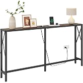 Gewudraw Narrow Console Table - 55.1" Sofa Table Behind Couch with Socket | Industrial Style, Long Skinny Design,Couch Table for Hallway,Living Room,Bedroom, Built-In Outlets &amp; USB, 140cm Length, Brown
