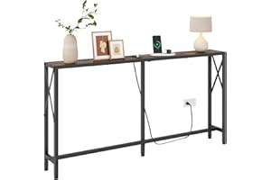 Gewudraw Console Table with Oulets and USB Ports, 55.1" Sofa Table Behind Couch, Industrial Long Skinny Stand for Hallway, Living Room, Bedroom, 6.5 Feet Power Cord, Rustic Brown