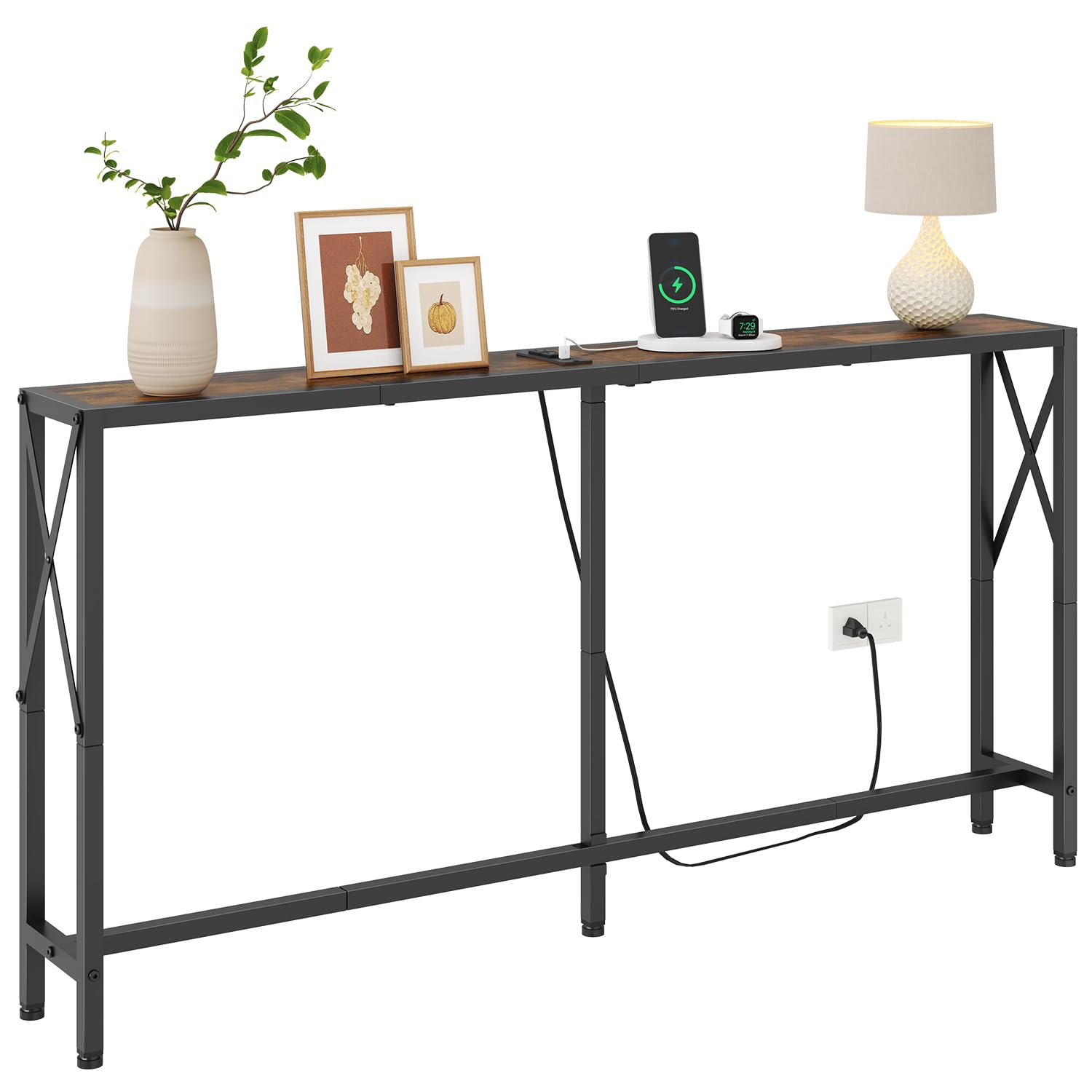 Photo 1 of Gewudraw Console Table with Oulets and USB Ports, 55.1" Sofa Table Behind Couch, Industrial Long Skinny Stand for Hallway, Living Room, Bedroom, 6.5 Feet Power Cord, Rustic Brown