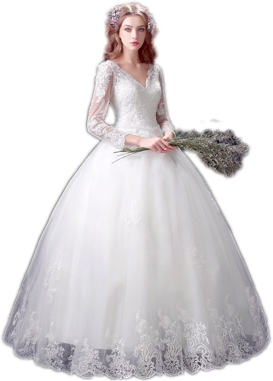 Amazon ウエディングドレス 花嫁 二次会 ドレス 結婚式 ドレス 袖あり エンパイア エンパイアライン 刺繍 編み上げのシンプル エンパイアドレス ウェディングドレス 二次会ドレス 花嫁ドレス 海外挙式 イブニングドレス 通販