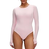 NANJI Long Sleeve Bodysuit for Women - Slim Fit Crew Neck Thong Body Suit, Stretch Double Lined Snap Tops, Casual Going Out