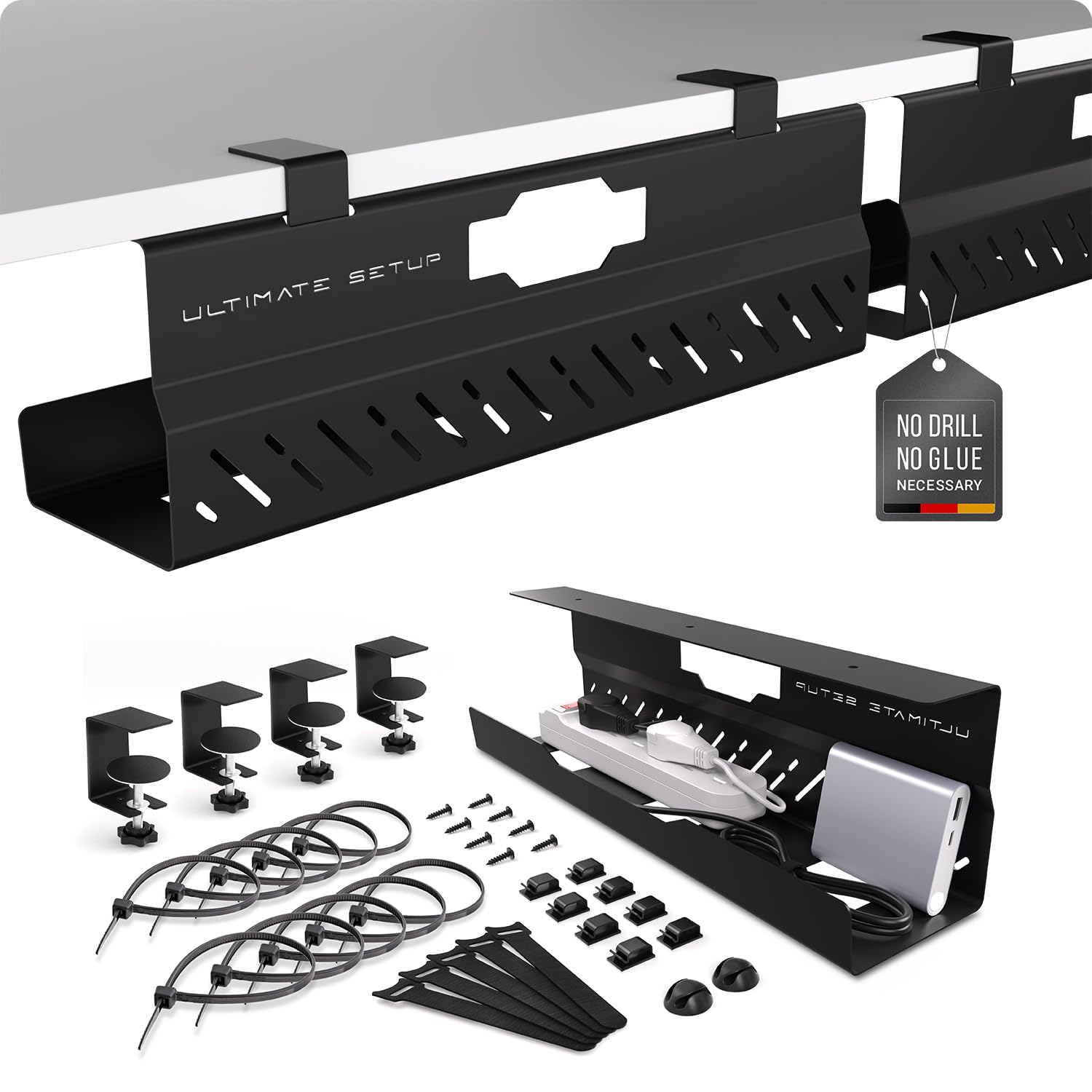 Photo 1 of Under Desk Cable Management Tray no Drill – Wire Management - Cord Organizer – Huge Load Capacity – Under Desk Cable Tray no Drill (Black, 2 Pieces Set)