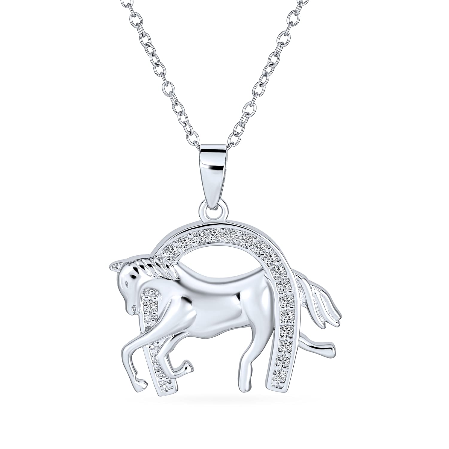 Pave CZ Equestrian Thoroughbred Winner Horse Pendant Horseshoe Necklace Western Jewelry For Women .925 Sterling Silver