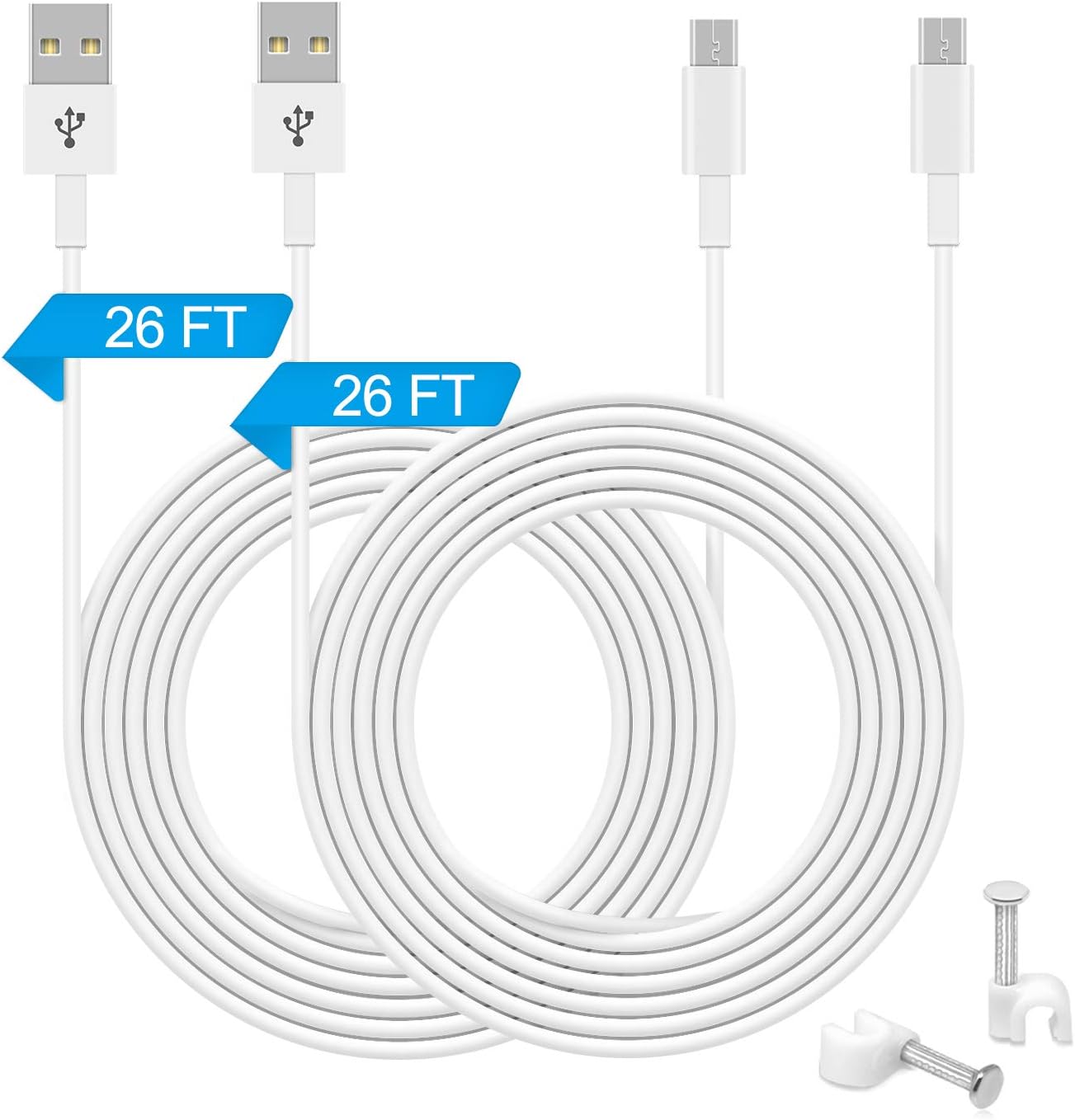 FASTSNAIL 26FT Micro USB Power Extension Cable for WyzeCam, for WyzeCam Pan,for Blink,for Yi Camera,for NestCam Indoor,for Furbo Dog etc, USB to Micro USB Charging Cord and Data Sync Cord 2 Pack