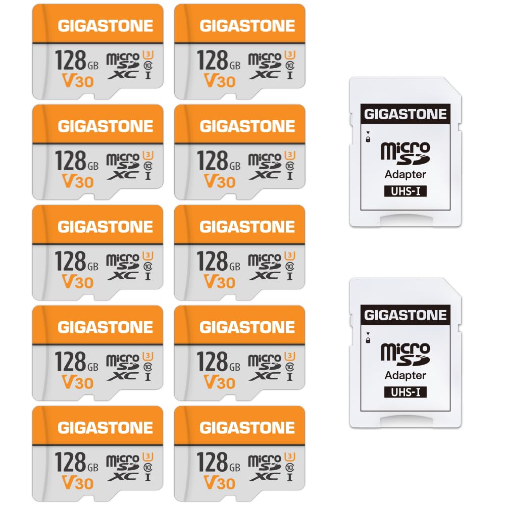 GIGASTONE 128GB 10-Pack Micro SD Card, 4K Video Pro, Surveillance, Security Camera, Action Camera, Drone, 95MB/s MicoSDXC Memory Card UHS-I V30 Class 10, with 2 Adapters